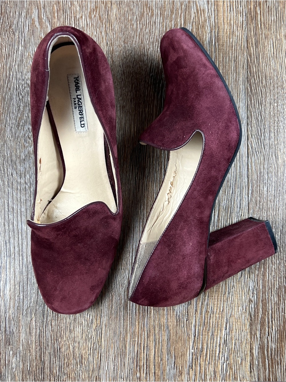 Karl Lagerfeld Paris Suede Karina Block Heel Pumps Burgundy | Size: 9